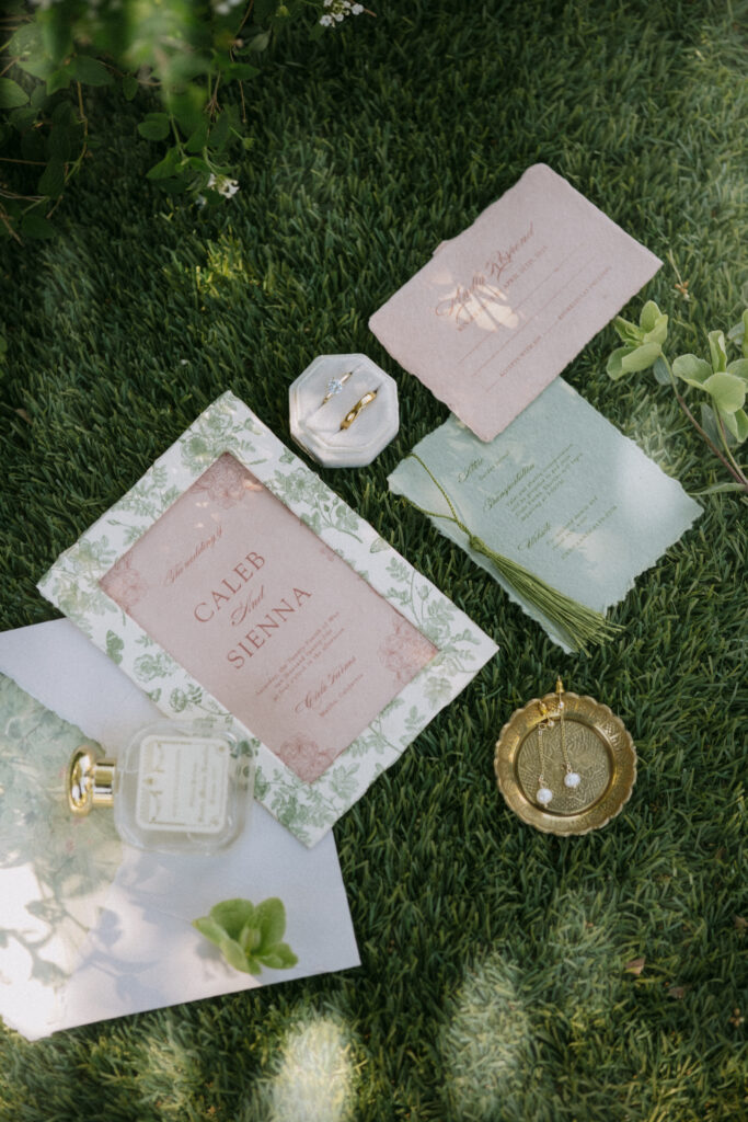Wedding detail flat lay at Cielo Farms Malibu
